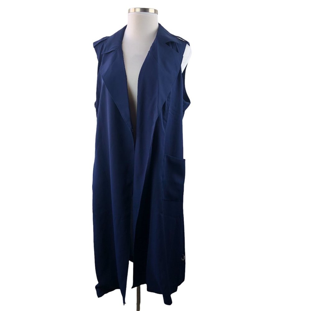 NWT Lane Bryant Sleeveless Trench Coat Navy Blue Long Tie Vest Plus Size 26/28 - Picture 2 of 8